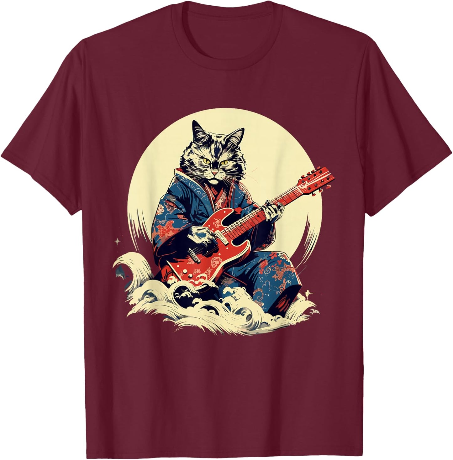 Japanese Samurai Cat Playing Electric Guitar , Black, S T-Shirt - T-Shirt | Maroon