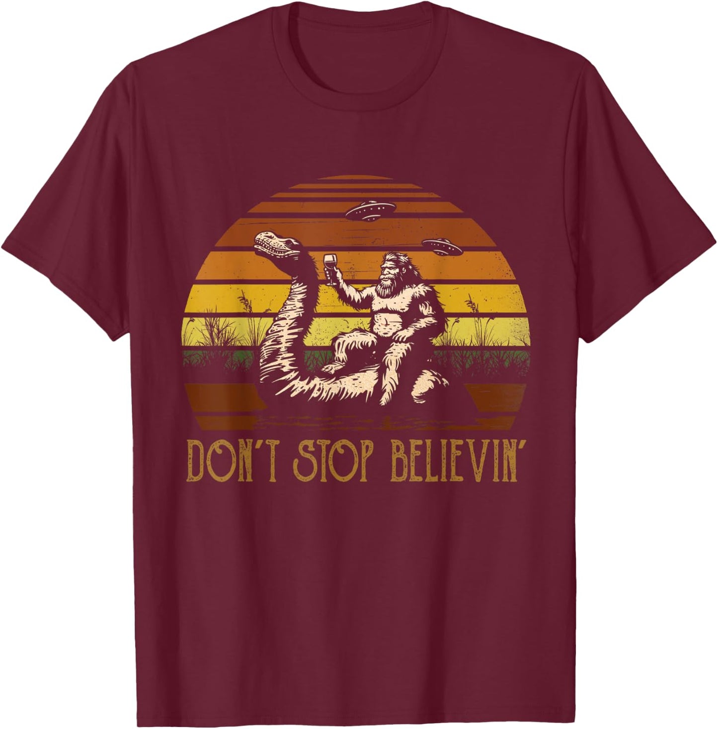 Vintage Cute Animal Loch Ness Monster Don't Stop Believin' T-Shirt - T-Shirt | Maroon