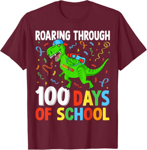 Roaring Through 100 Days of School Dinosaur Kids Teacher T-Shirt - T-Shirt | Maroon