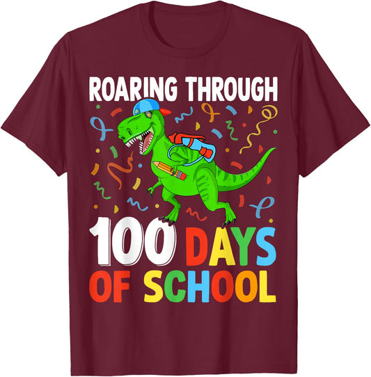 Roaring Through 100 Days of School Dinosaur Kids Teacher T-Shirt - T-Shirt | Maroon