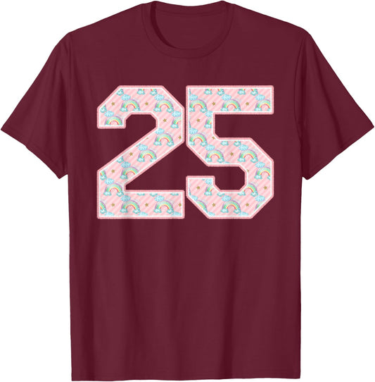 Jersey Player Number 25 Sports Pink Rainbow Girl Print T-Shirt - T-Shirt | Maroon