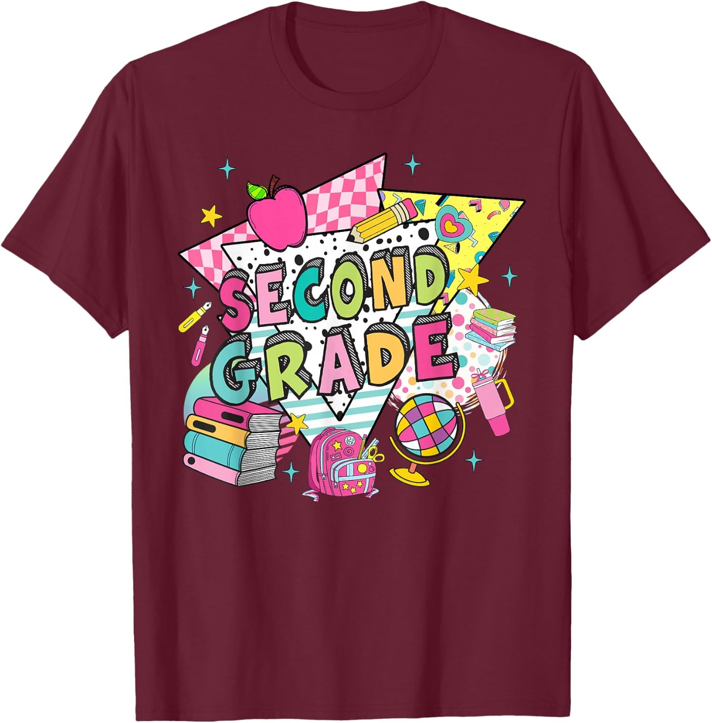 Second Grade Teachers Students Retro 90s Back To School T-Shirt - T-Shirt | Maroon