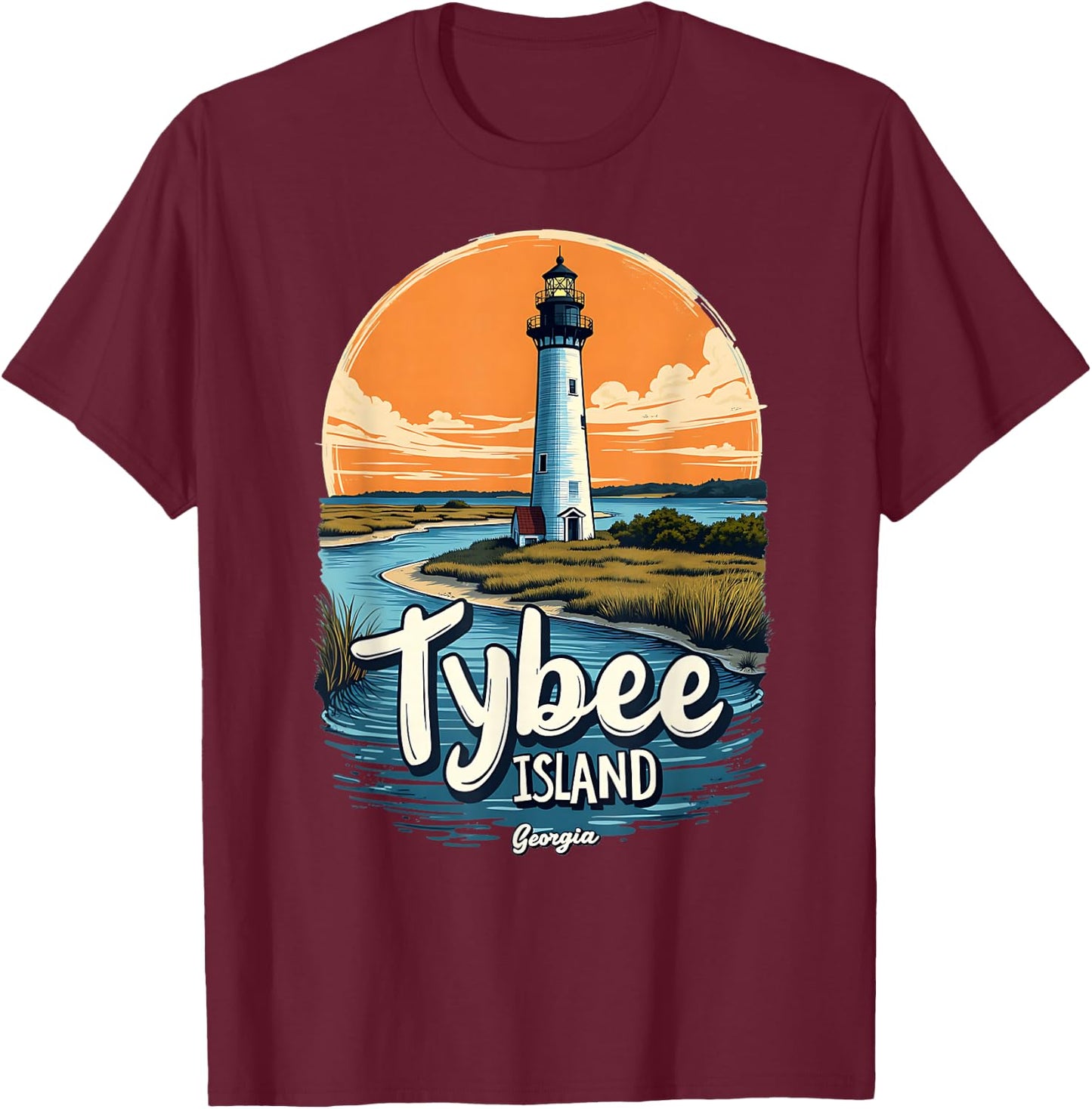Coastal Waters Tybee Island Georgia Lighthouse T-Shirt - T-Shirt | Maroon