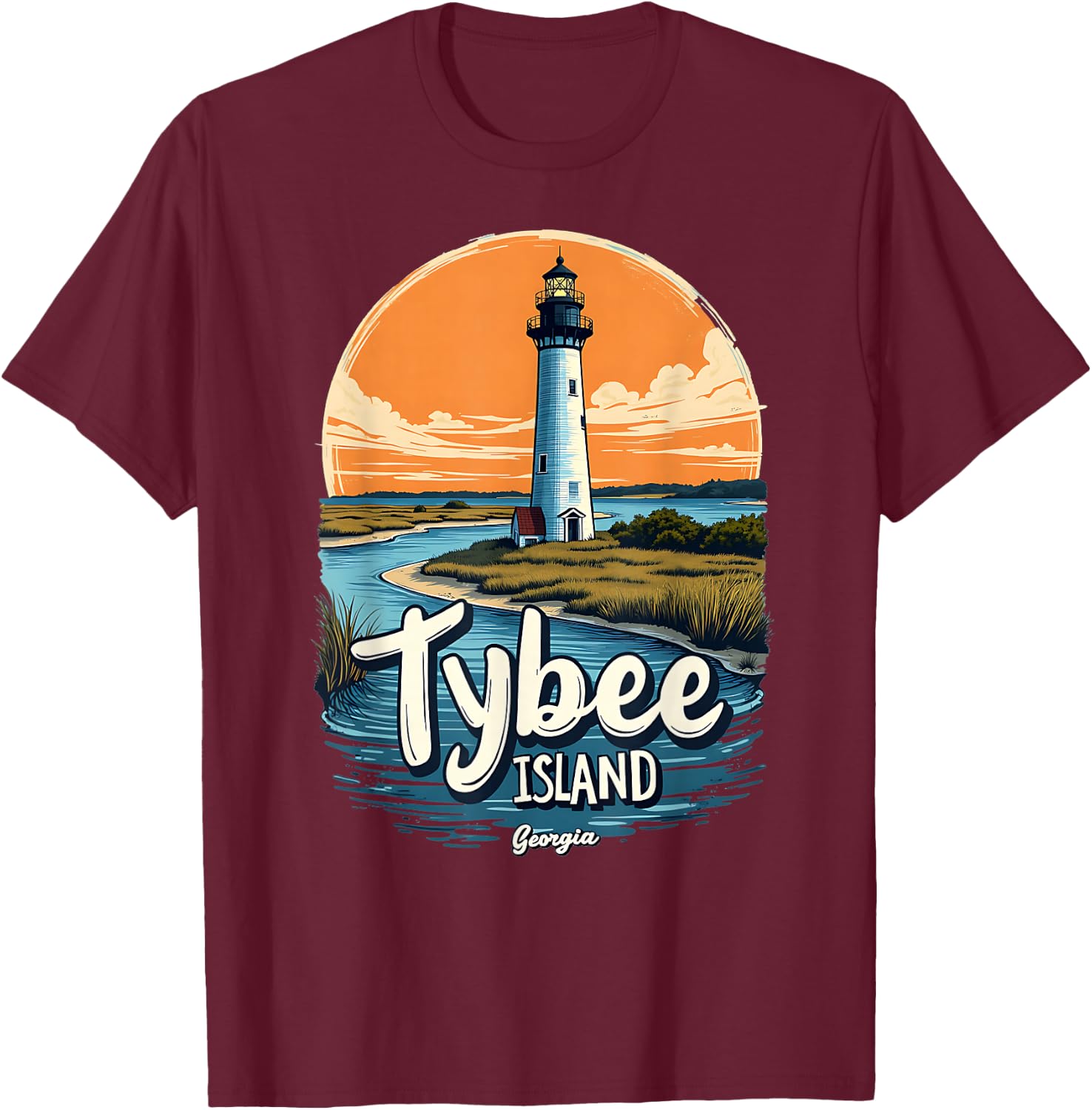 Coastal Waters Tybee Island Georgia Lighthouse T-Shirt - T-Shirt | Maroon