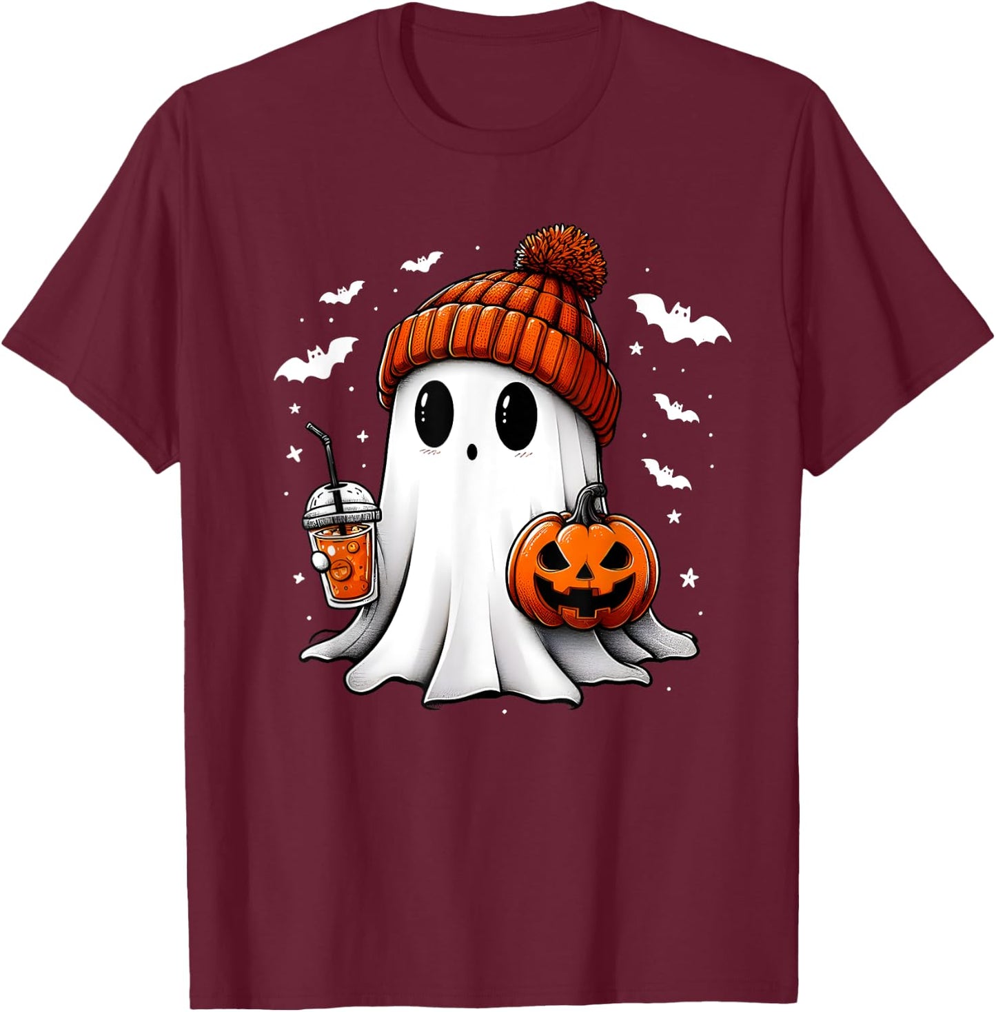 Cute Halloween Ghost Drink Pumpkin T-Shirt - T-Shirt | Maroon