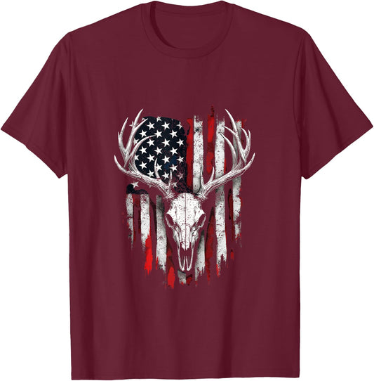 American Flag Vintage Deer Hunting Camouflage Deer Skull T-Shirt - T-Shirt | Maroon