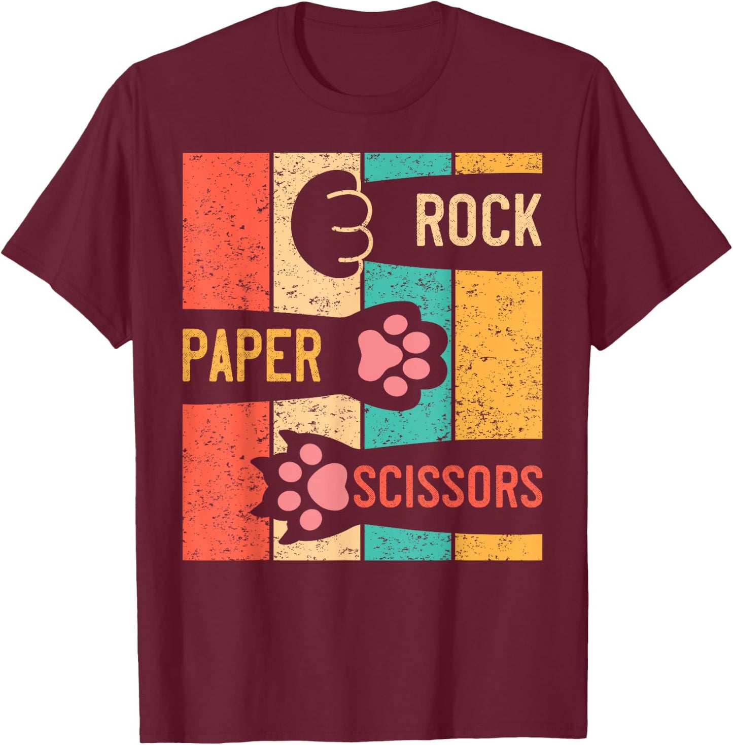 Cute Cat Paw Rock Paper Scissors Hand Game Vintage Men Women Girls Kids T-Shirt - T-Shirt | Maroon