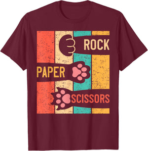 Cute Cat Paw Rock Paper Scissors Hand Game Vintage Men Women Girls Kids T-Shirt - T-Shirt | Maroon