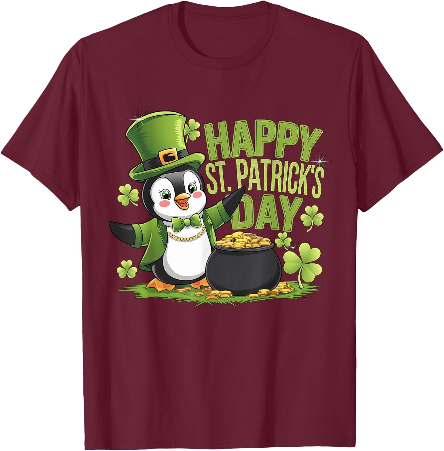Happy St Patrick's Day Penguin with Pot of Gold T-Shirt - T-Shirt | Maroon