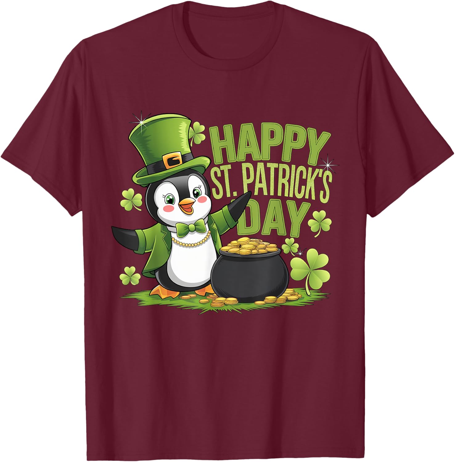 Happy St Patrick's Day Penguin with Pot of Gold T-Shirt - T-Shirt | Maroon