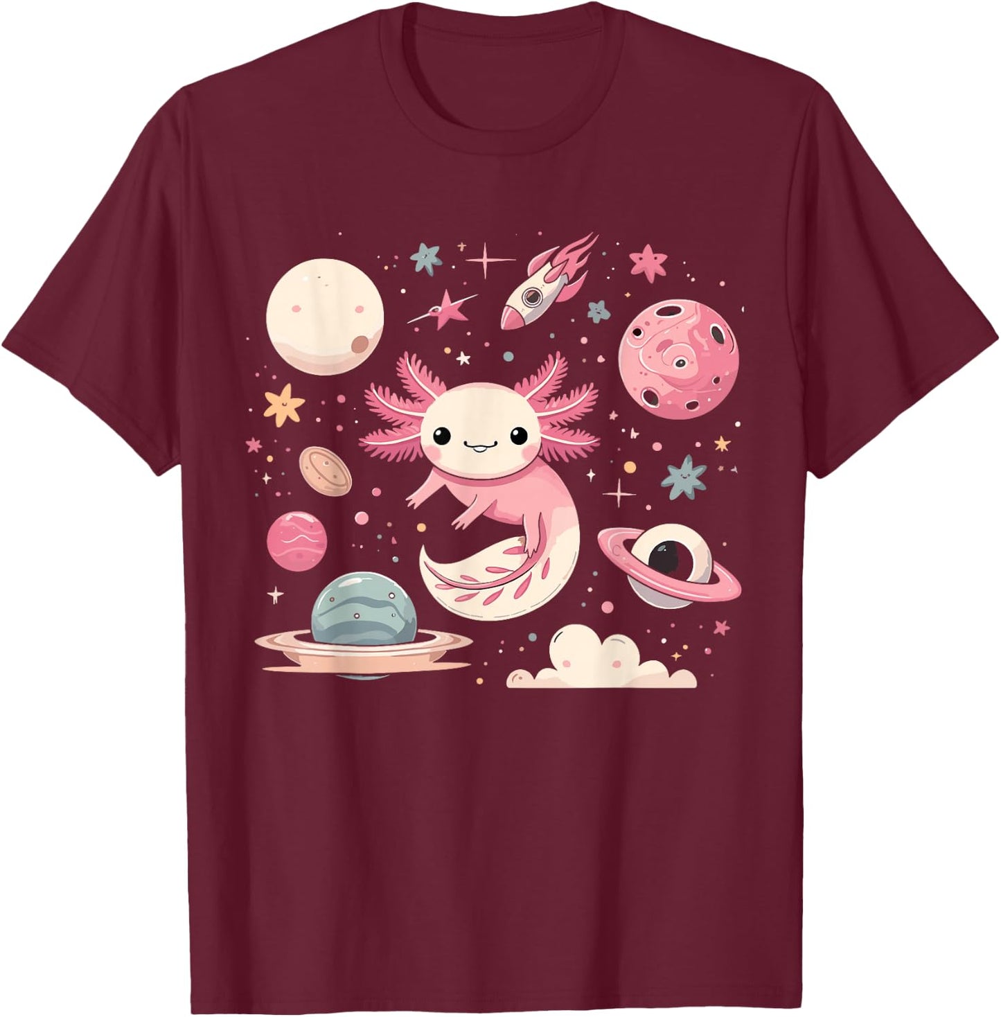 Cute Axolotl in Space Kawaii Axolotl Moon T-Shirt - T-Shirt | Maroon