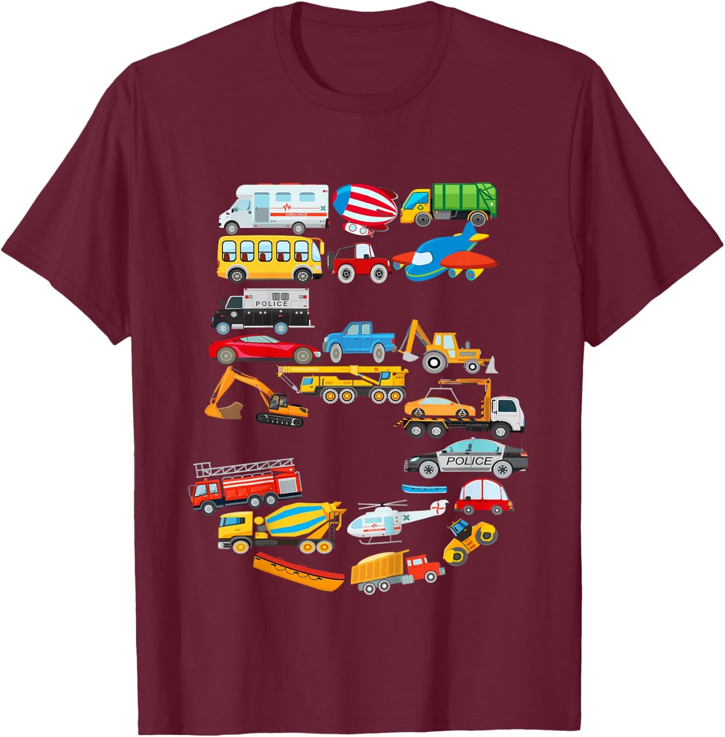Kids 5th Birthday For Boys Cars Vehicles ,Fire Truck, Airplane T-Shirt - T-Shirt | Maroon