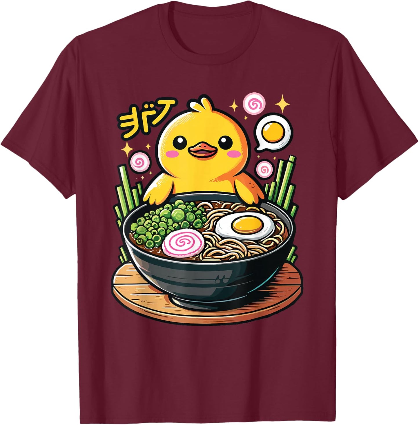 Kawaii Cute Duck Eating Ramen Noodles T-Shirt - T-Shirt | Maroon