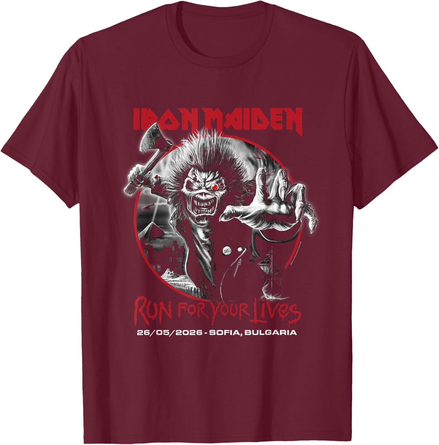 Iron Maiden Run for Your Lives Tour 2026 Sofia T-Shirt - T-Shirt | Maroon