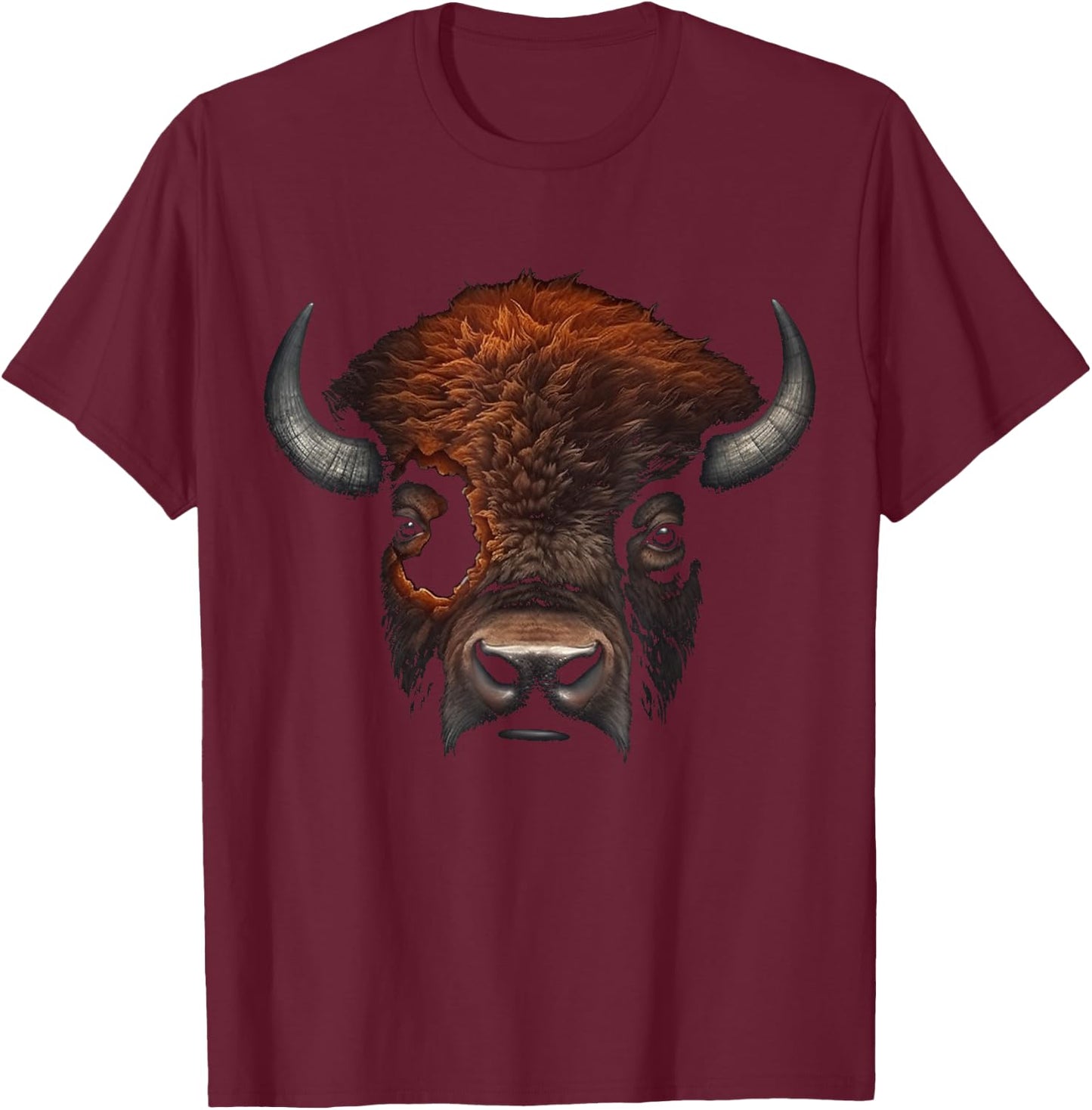 Bison Artwork - Animal Forest Motif Art Bison T-Shirt - T-Shirt | Maroon