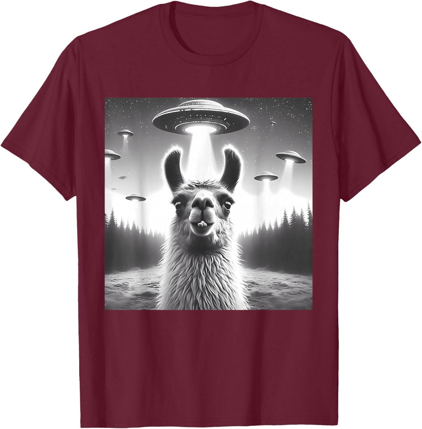 Funny Llama Selfie UFO Alien Alpaca Humor Vintage Print Art T-Shirt - T-Shirt | Maroon