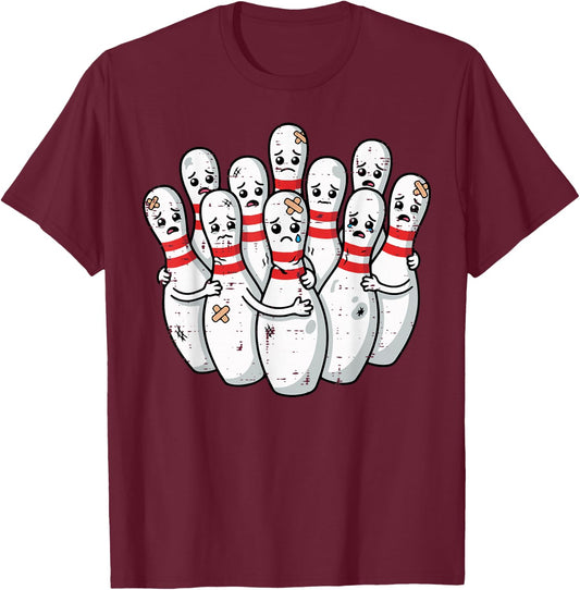 Scared Bowling Pins Faces Funny Meme Bowler Men Women Kids T-Shirt - T-Shirt | Maroon