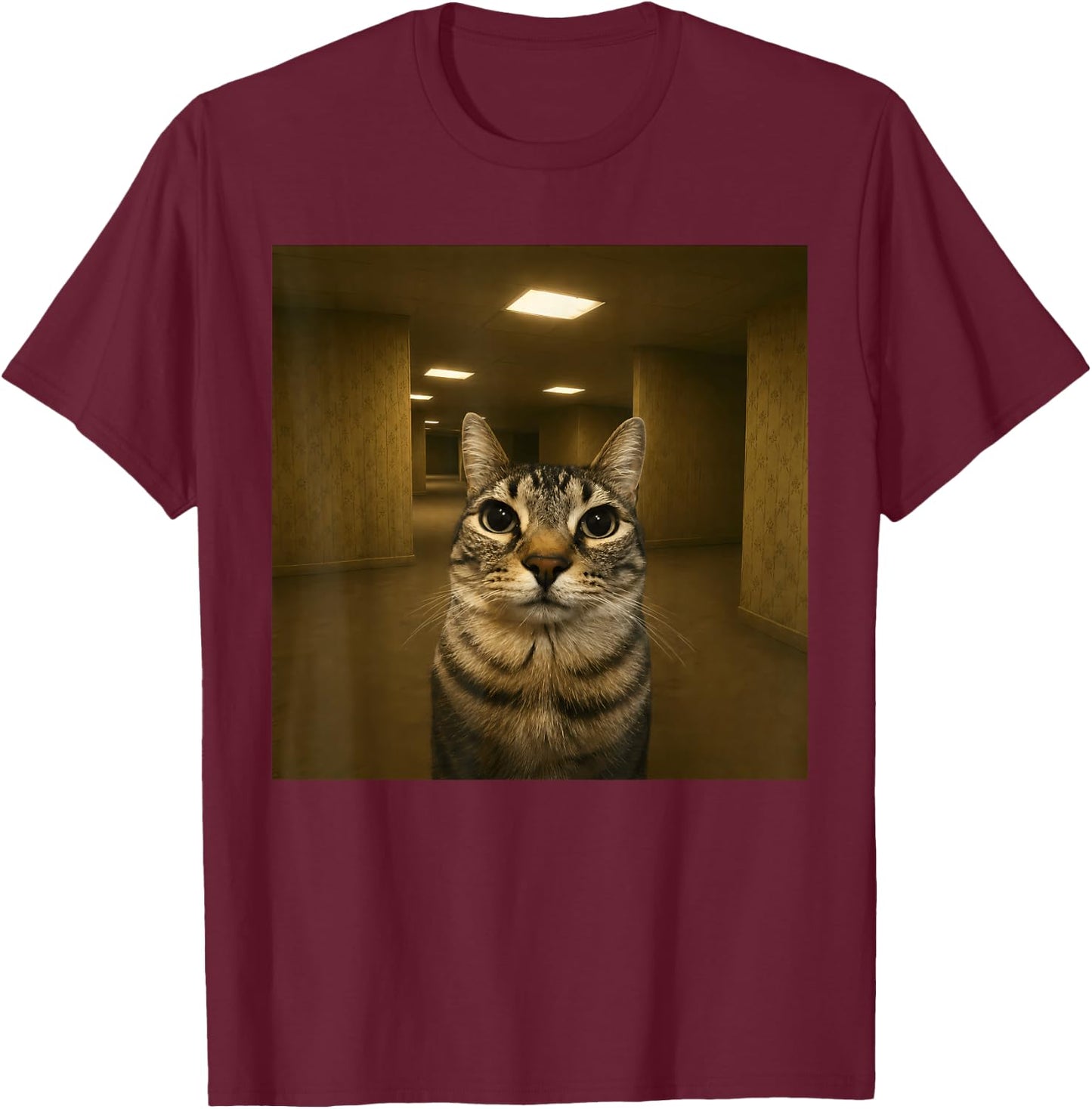 Cat in The Backrooms Liminal Space Funny Meme T-Shirt - T-Shirt | Maroon