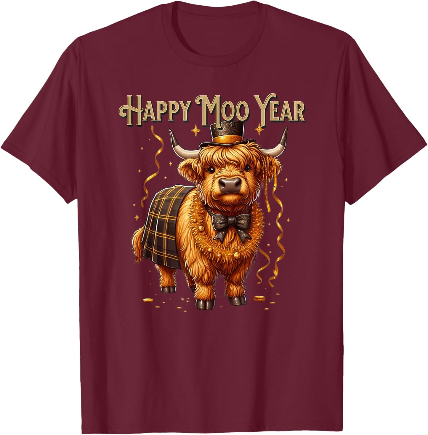 New Year Highland Cow Happy Year Moo Funny Western Cow T-Shirt - T-Shirt | Maroon