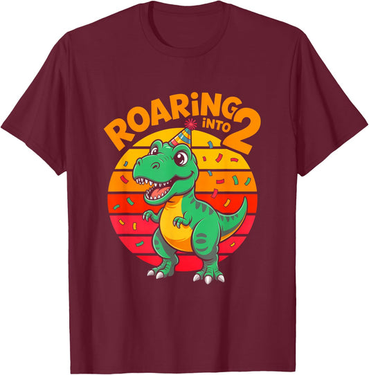 Roaring Into 2 Dinosaur Two Year Old Birthday T-Shirt - T-Shirt | Maroon