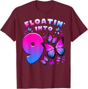 Birthday Girl 9 Year Old, Butterfly, Number 9 T-Shirt - T-Shirt | Maroon