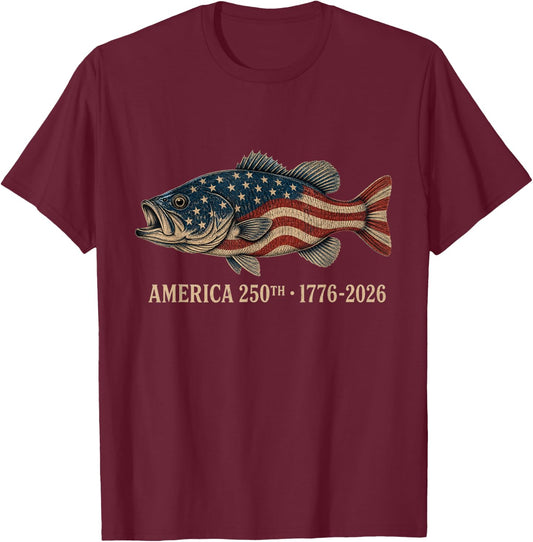 250 Years 1776-2026 Bass Fishing 250th Anniversary 4th July T-Shirt - T-Shirt | Maroon