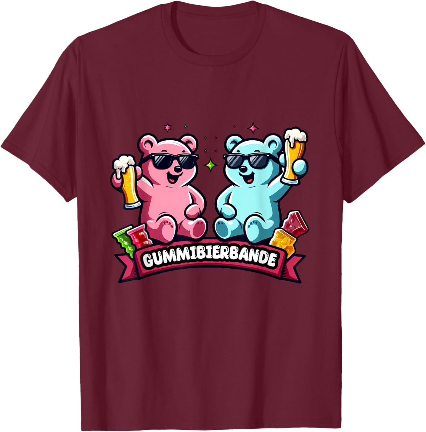 Rubber Beer Bande, Gummy Bears, Malle Party, JGA , black T-Shirt - T-Shirt | Maroon