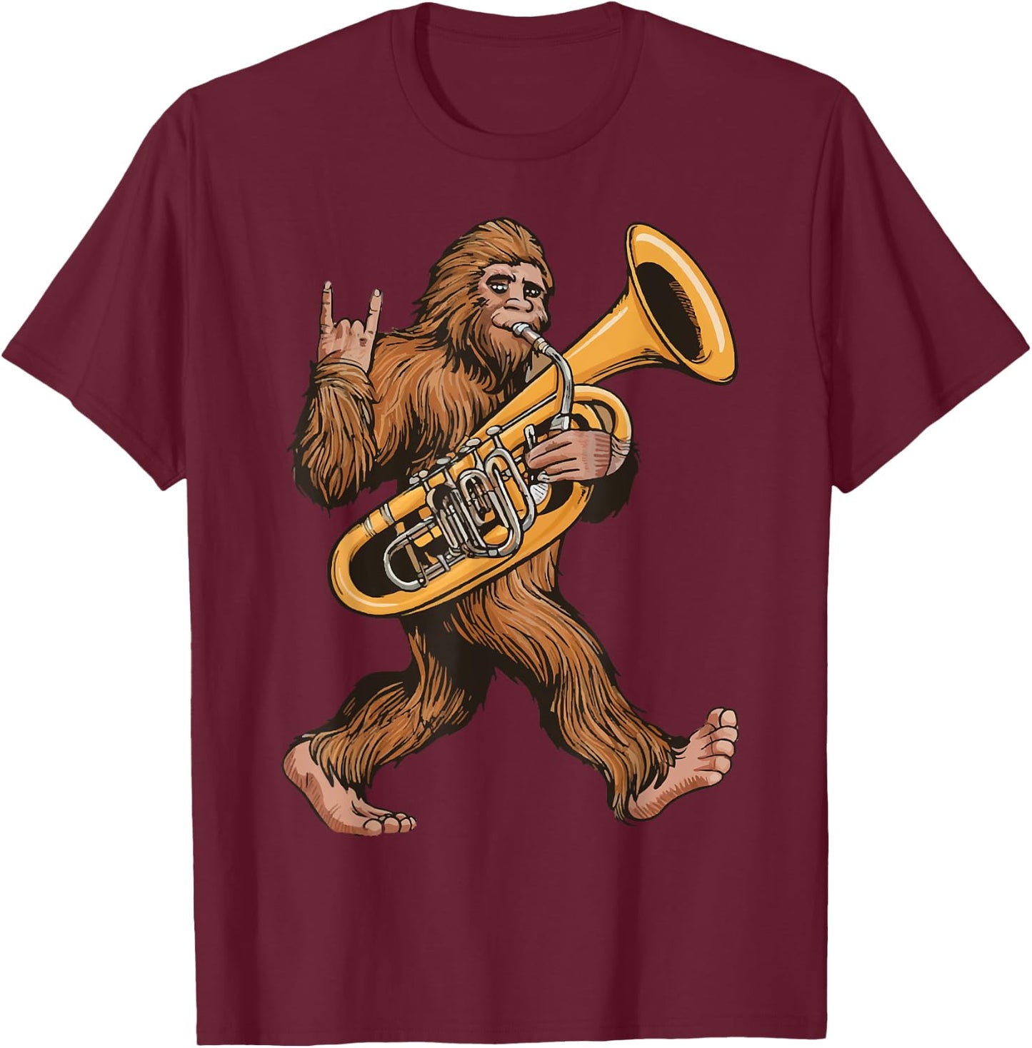 Bigfoot Playing Sousaphone Tuba Brass Musical Instrument T-Shirt - T-Shirt | Maroon