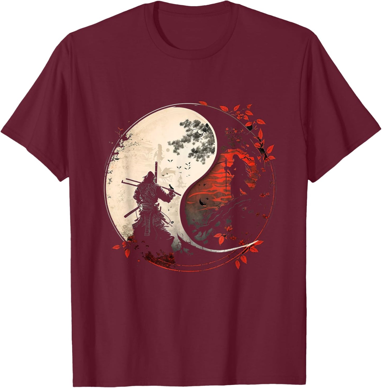 Japan Anime Mask Kitsune Samurai Ying Yang Retro Aesthetic T-Shirt - T-Shirt | Maroon