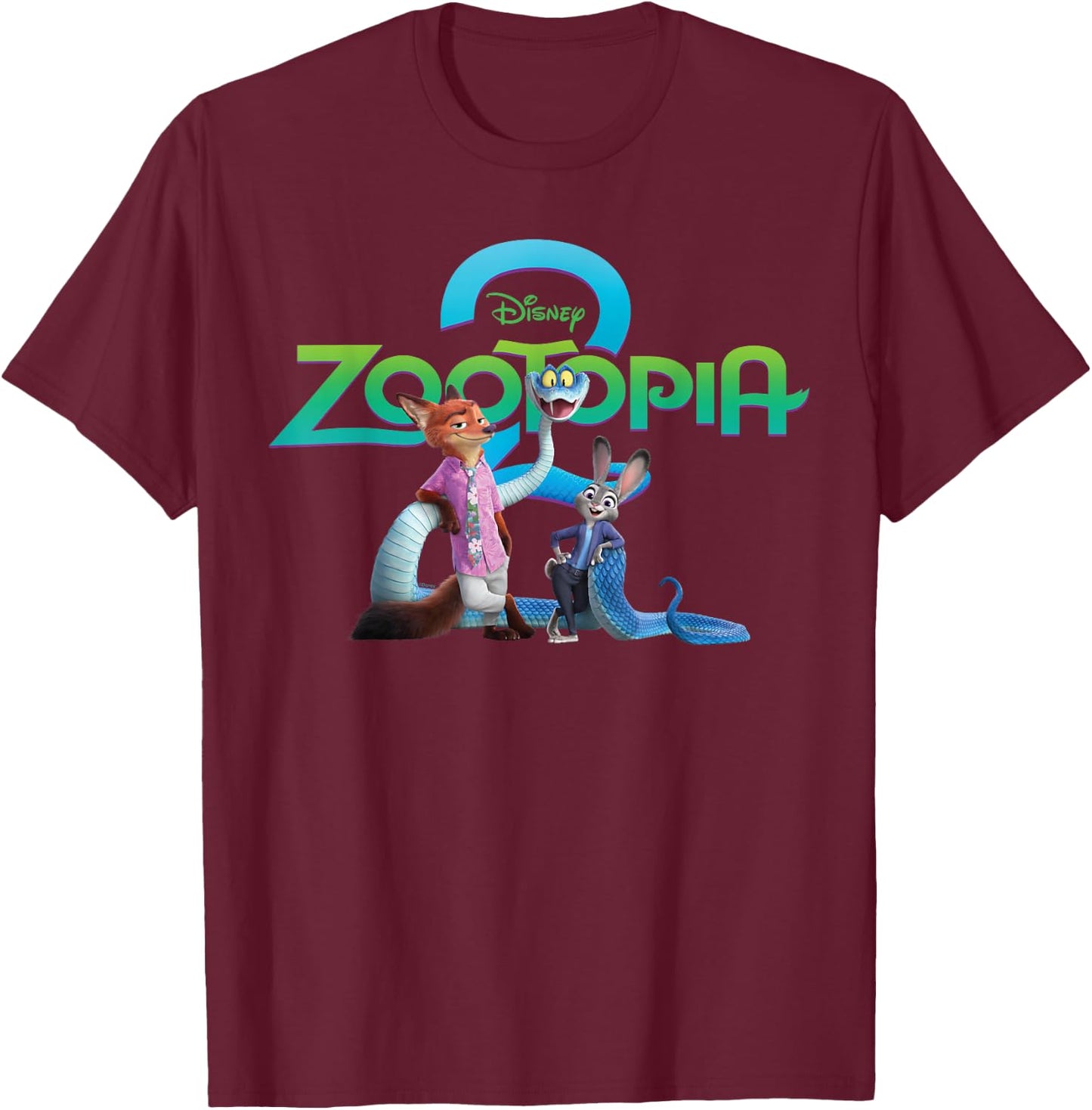 Disney Zootopia 2 Poster Art with Nick Judy Gary & Logo T-Shirt - T-Shirt | Maroon