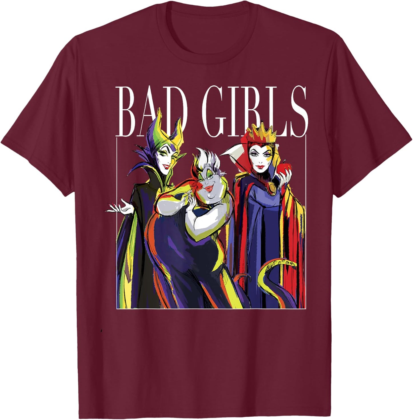 Gruppenfoto der Bösewichte von Disney Villains Bad Girls, gemalt T-Shirt - T-Shirt | Maroon