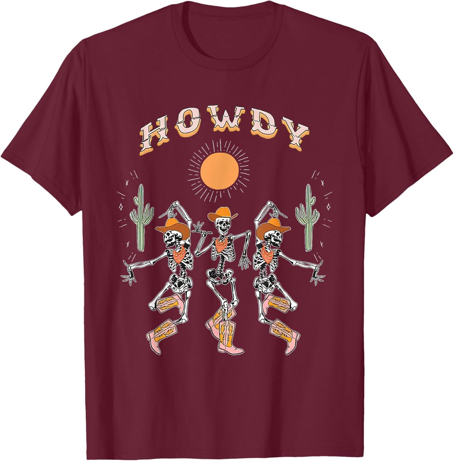 Howdy Cowboy Skeleton Dancing Country Western Halloween T-Shirt - T-Shirt | Maroon