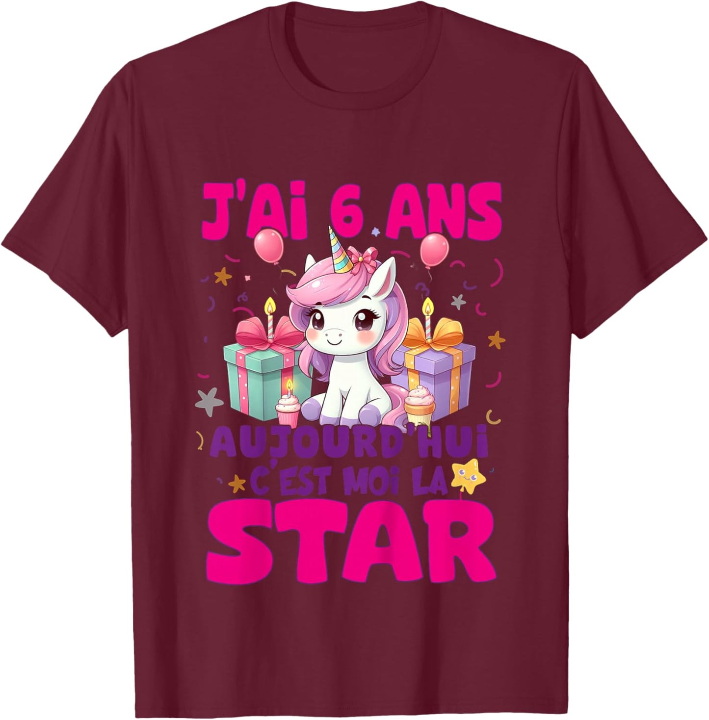 Children's Girl's Birthday 6 Years Unicorn T-Shirt - T-Shirt | Maroon