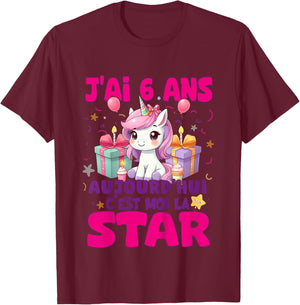Children's Girl's Birthday 6 Years Unicorn T-Shirt - T-Shirt | Maroon