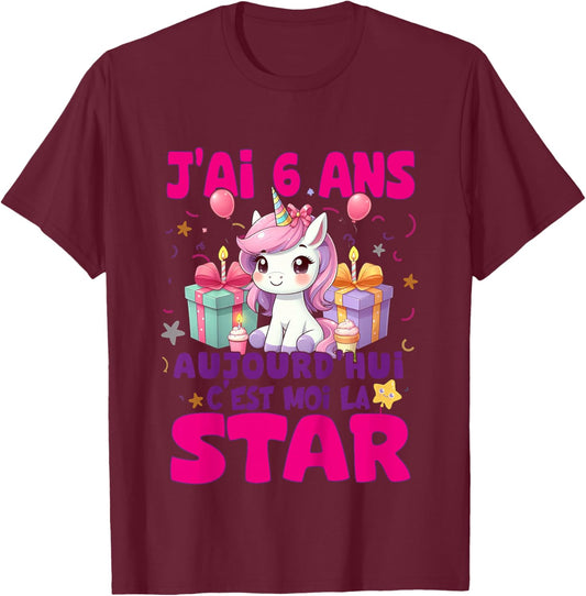 Children's Girl's Birthday 6 Years Unicorn T-Shirt - T-Shirt | Maroon
