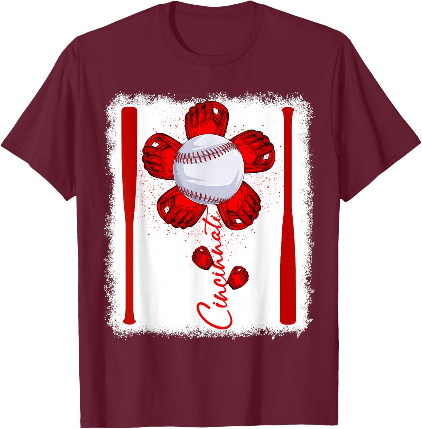 Cute Flower Cincinnati Retro Baseball Lover Game Day T-Shirt - T-Shirt | Maroon
