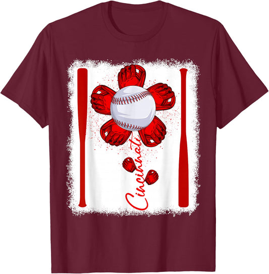 Cute Flower Cincinnati Retro Baseball Lover Game Day T-Shirt - T-Shirt | Maroon