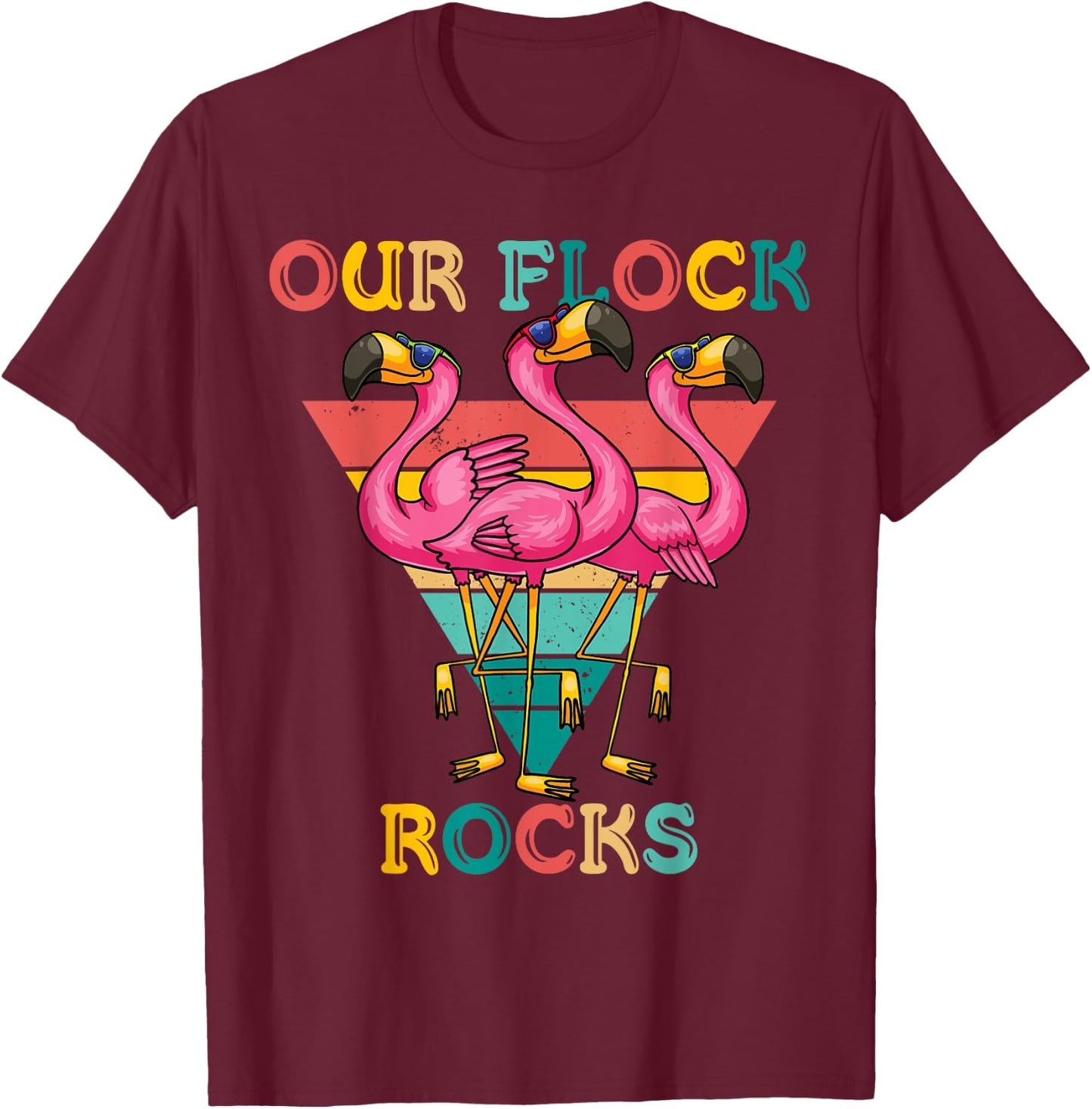 Our Flock Rocks Retro Flamingo Matching Family Vacation T-Shirt - T-Shirt | Maroon
