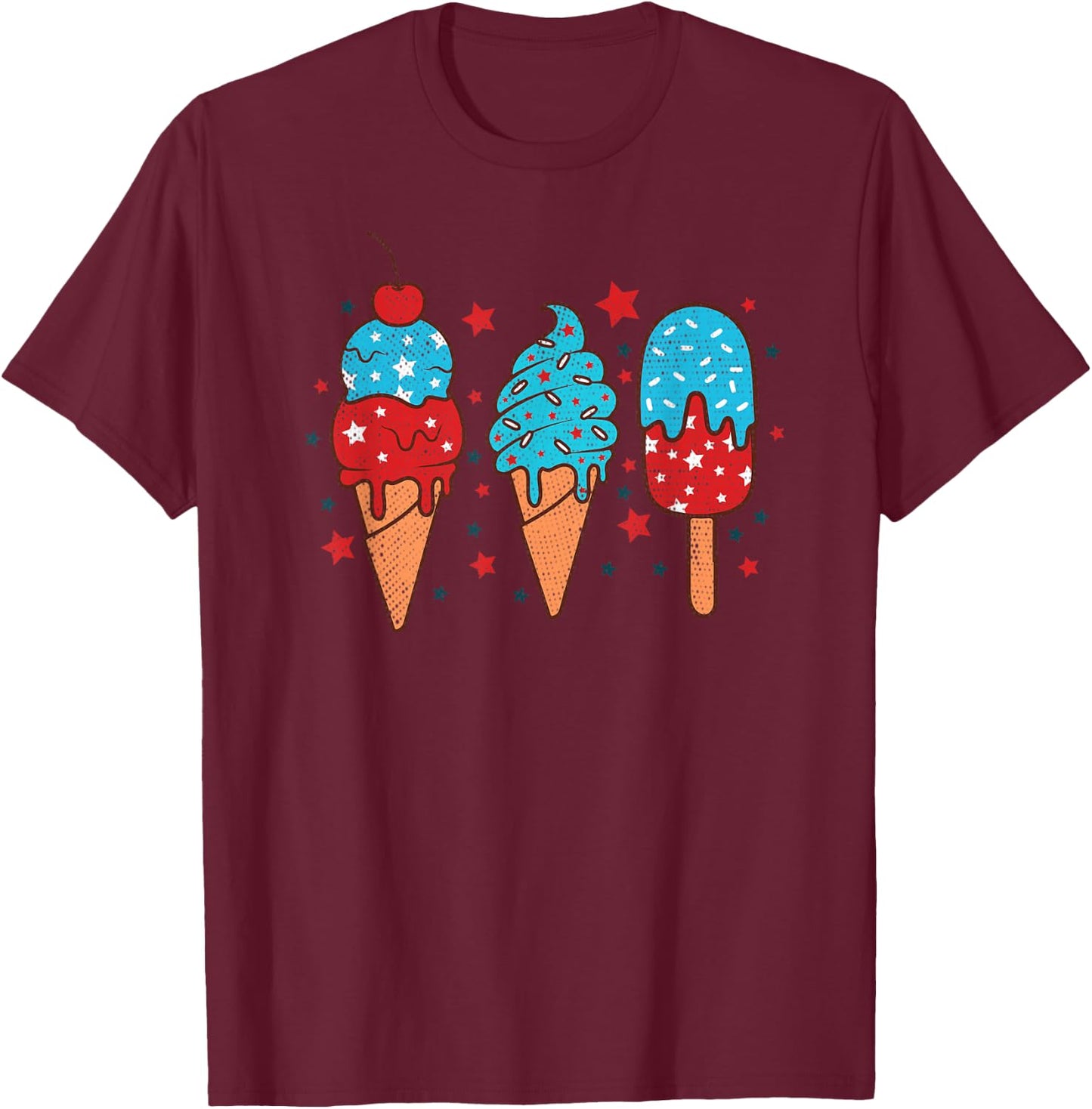 Blue Red White Ice Cream American Flag 4th of July Summer T-Shirt - T-Shirt | Maroon