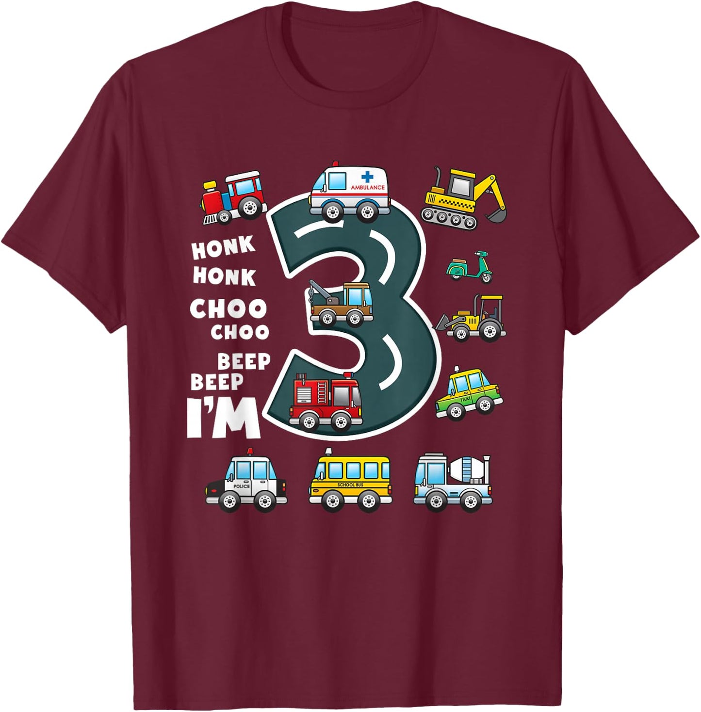 3rd Birthday Boy 3 Year Old Transportation Toddler Truck Car T-Shirt - T-Shirt | Maroon