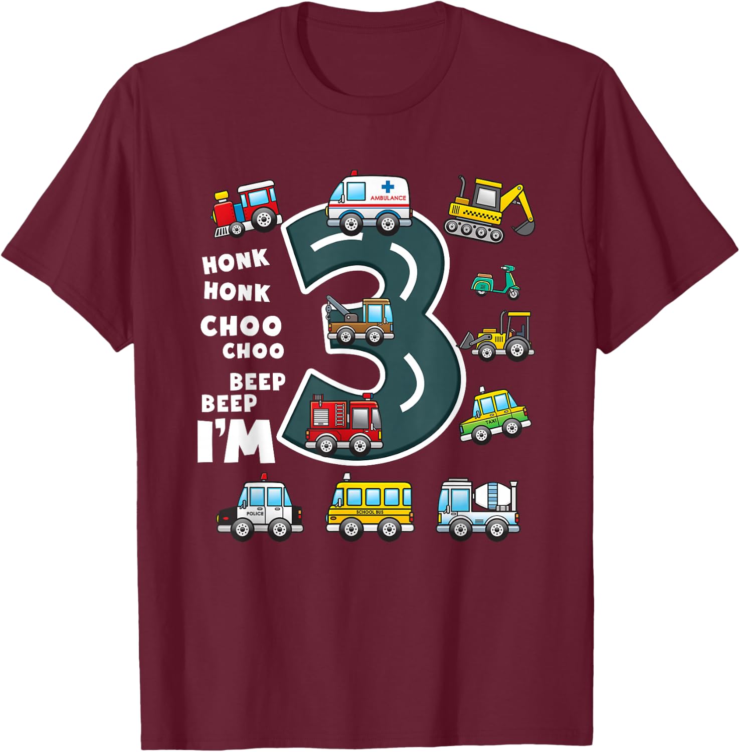 3rd Birthday Boy 3 Year Old Transportation Toddler Truck Car T-Shirt - T-Shirt | Maroon