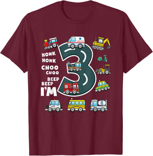 3rd Birthday Boy 3 Year Old Transportation Toddler Truck Car T-Shirt - T-Shirt | Maroon