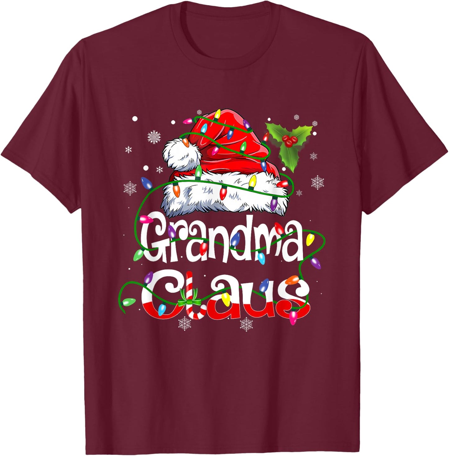 Grandma Claus Shirt Christmas Lights Pajama Family Matching T-Shirt - T-Shirt | Maroon