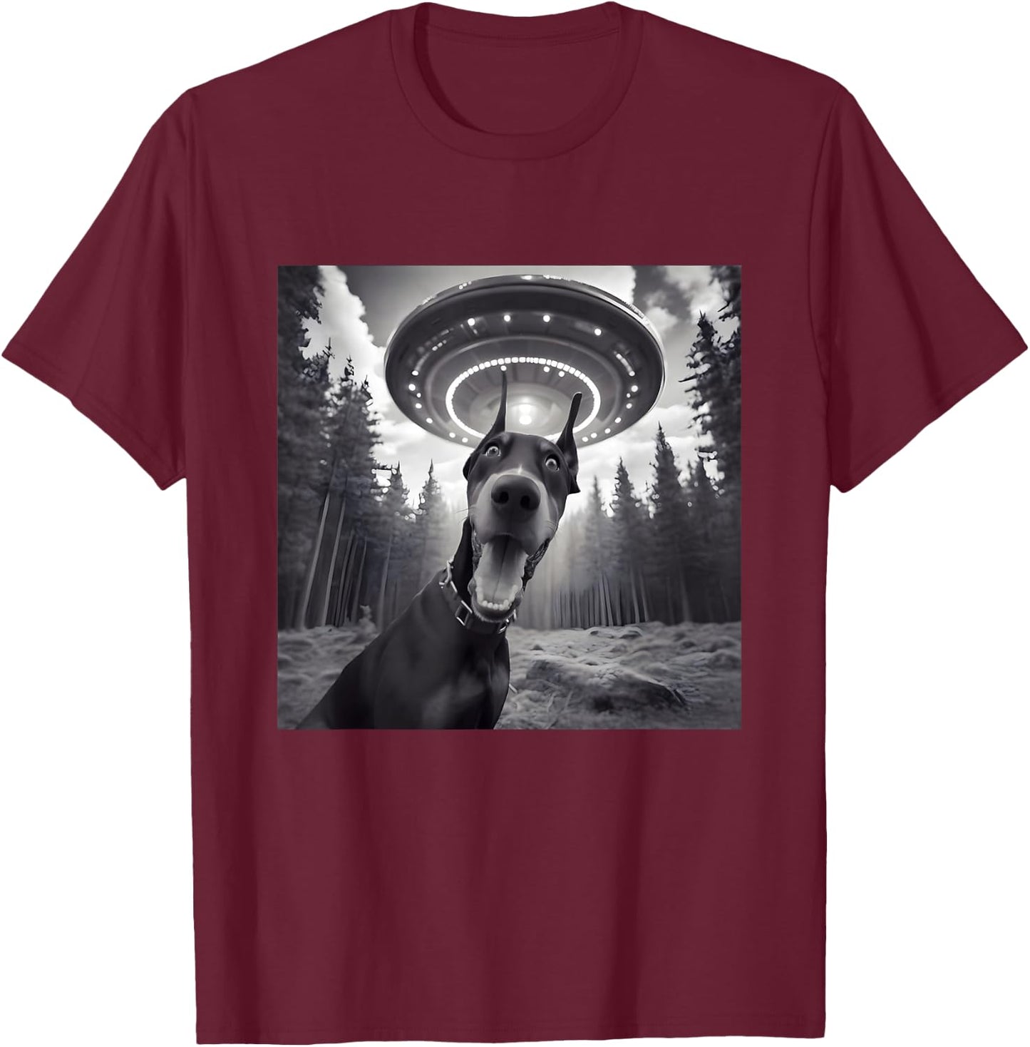 Doberman Dog Selfie With UFO - Funny Graphic Alien Lover T-Shirt - T-Shirt | Maroon