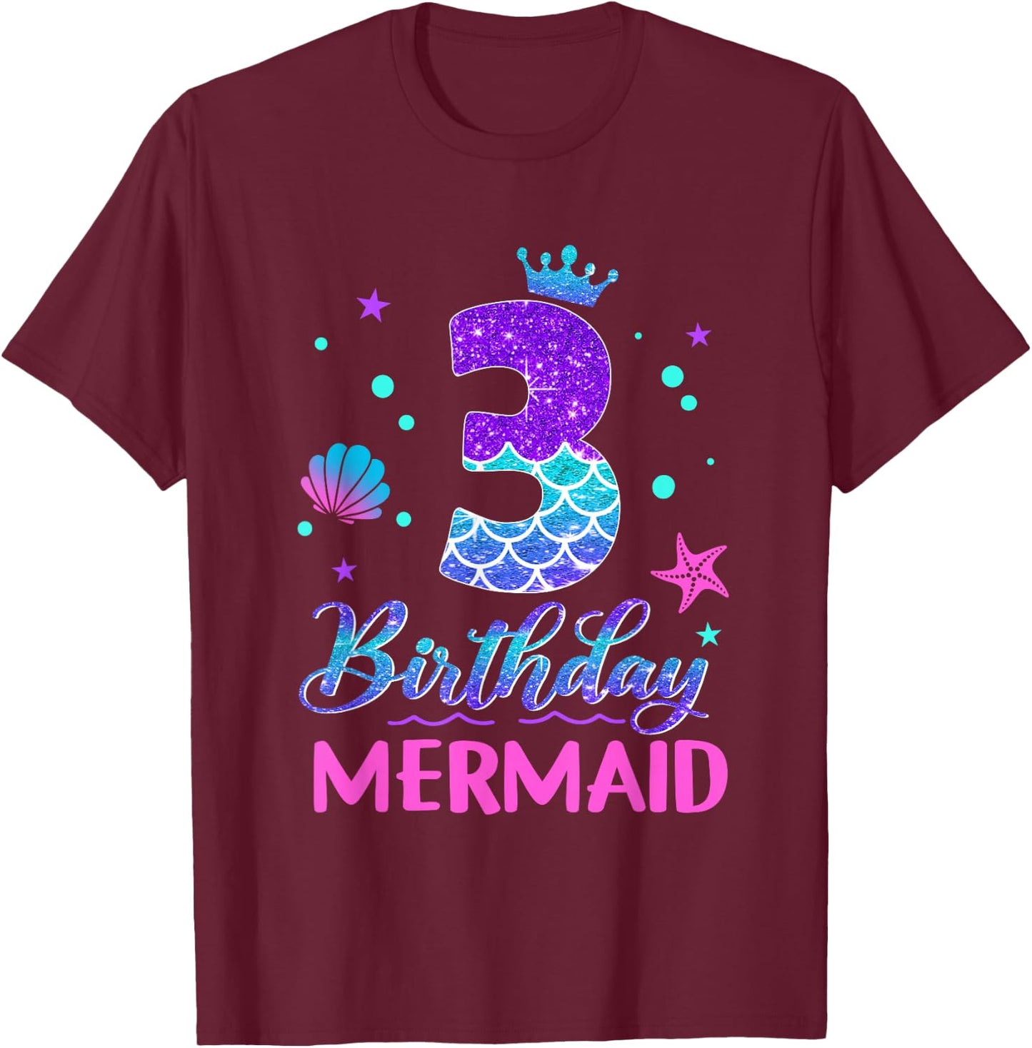 3rd Birthday Mermaid Tail 3 Year Old Girl Mermaid Party T-Shirt - T-Shirt | Maroon