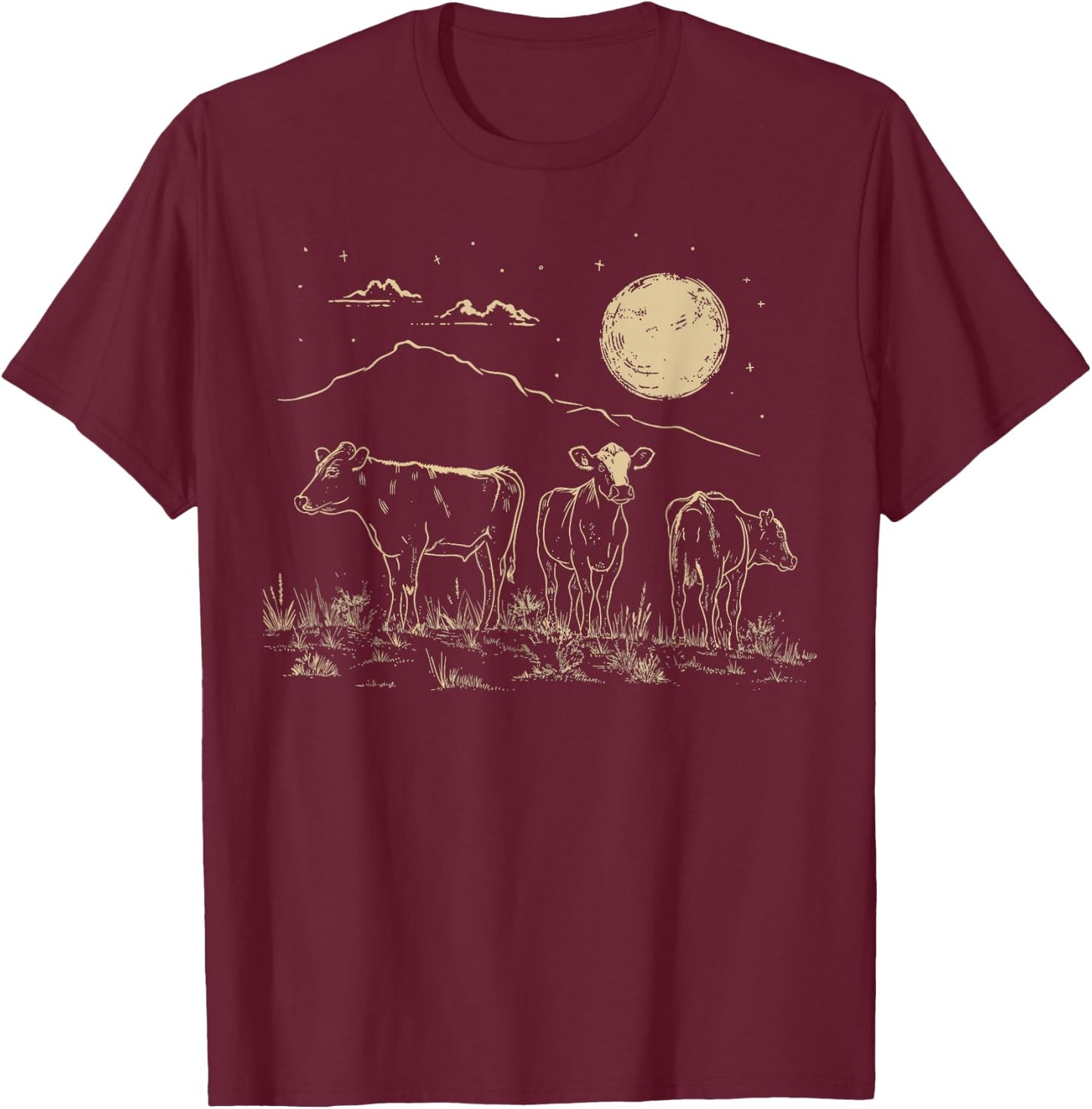 Cows Ranch Pasture Rustic Farm Country Western Steer Art T-Shirt - T-Shirt | Maroon