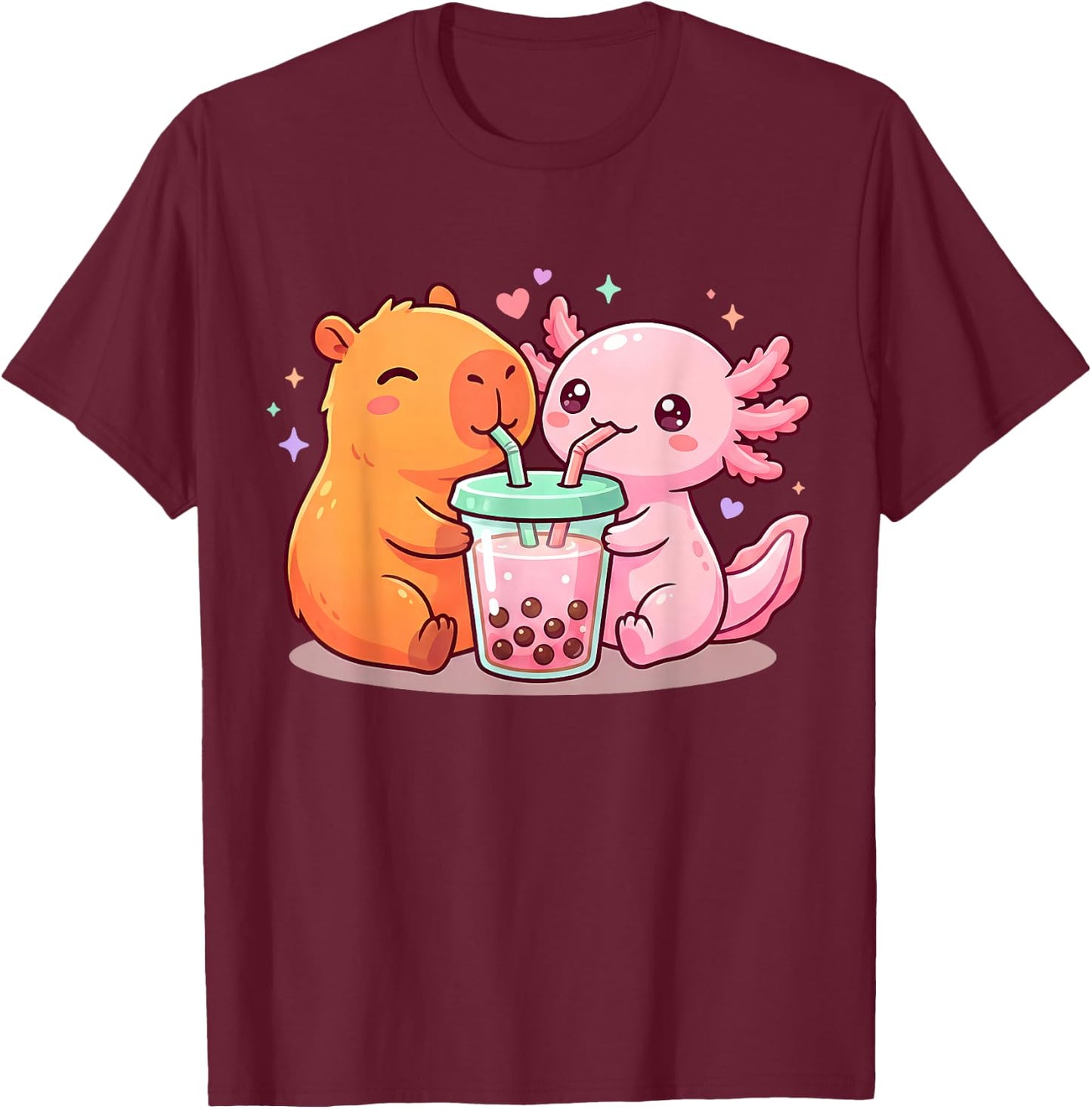 Cute Capybara and Axolotl Bubble Tea Boba Girls Kawaii Anime T-Shirt - T-Shirt | Maroon
