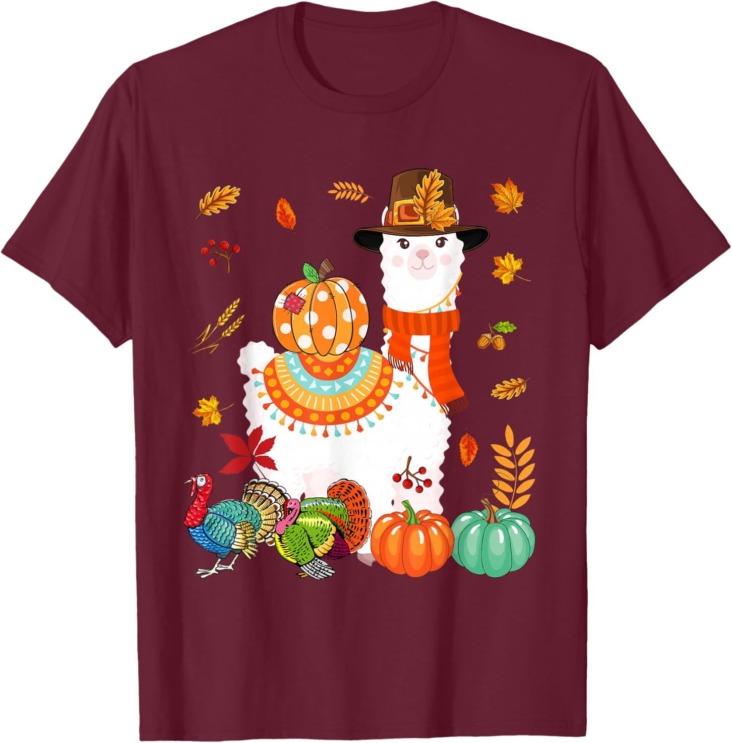 Thanksgiving Llama With Turkey Fall Pumpkins Lover Farmer T-Shirt - T-Shirt | Maroon