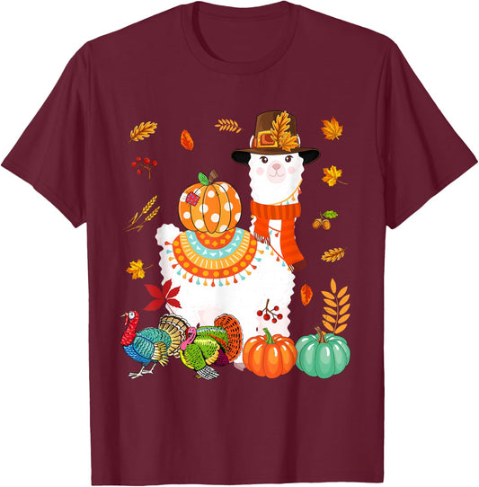 Thanksgiving Llama With Turkey Fall Pumpkins Lover Farmer T-Shirt - T-Shirt | Maroon