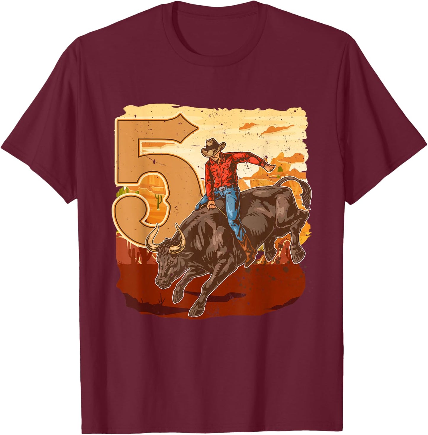 Bull Riding 5th Birthday Rodeo Cowboy Theme 5 Years Old T-Shirt - T-Shirt | Maroon
